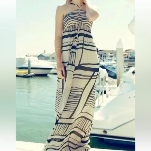 CLUB MONACO Hudson Dress Robe Silk Maxi Dress in Khaki /Black Size 4 - Picture 11 of 14